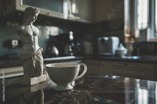 A morning coffee routine in the presence of an ancient Greek statue in a modern day kitchen setting