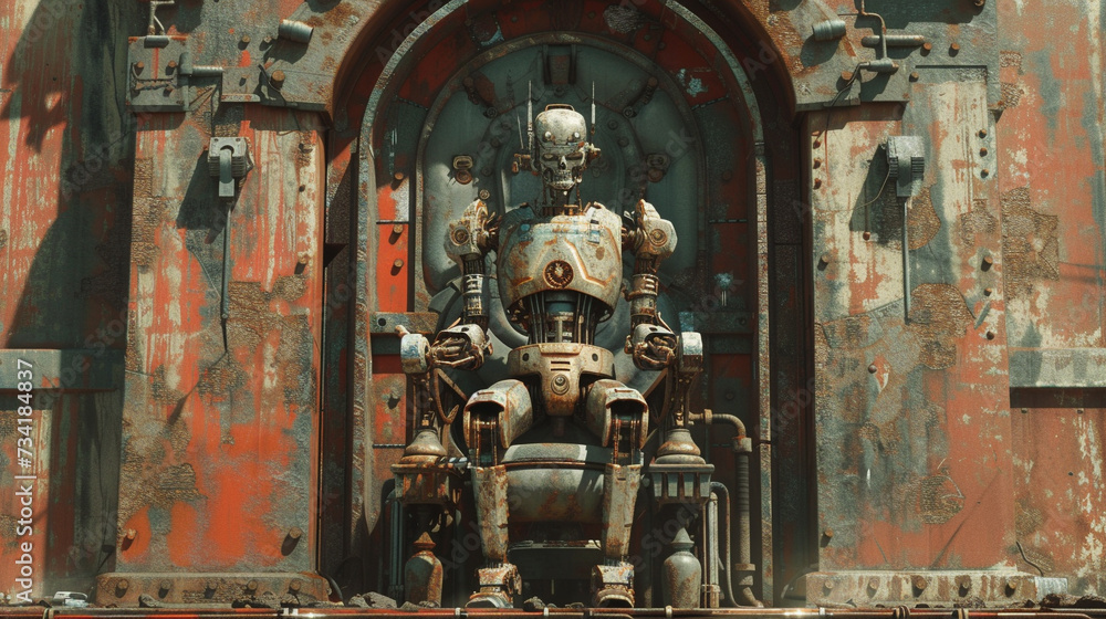 An ancient and wise robotic swordmaster sitting on a throne in a rusting futuristic castle An ancient and wise robotic swordmaster sitting on a throne in a rusting futuristic castle