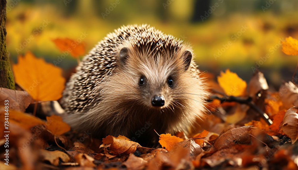 Cute hedgehog sitting on yellow leaf, looking at tree generated by AI Cute hedgehog sitting on yellow leaf, looking at tree generated by AI