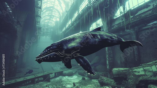 An aesthetic of a whale with an industrial punk makeover exploring an abandoned factory underwater © pprothien