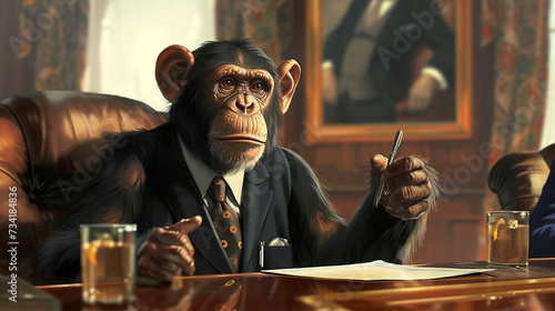 An amusing depiction of a white collar monkey impeccably dressed giving a PowerPoint presentation