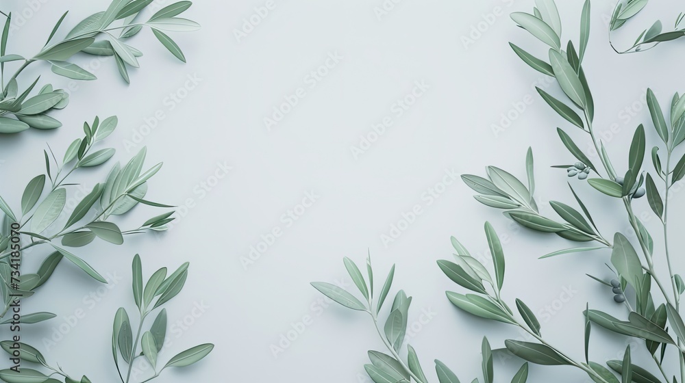 a blank greeting card mockup featuring olive tree branches delicately arranged on a white table background, perfect for wedding invitations. a blank greeting card mockup featuring olive tree branches delicately arranged on a white table background, perfect for wedding invitations.