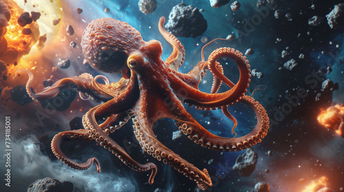 An octopus interacting with celestial bodies like asteroids and comets