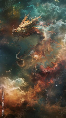 Artistic representation of a dragon composed entirely of interstellar clouds