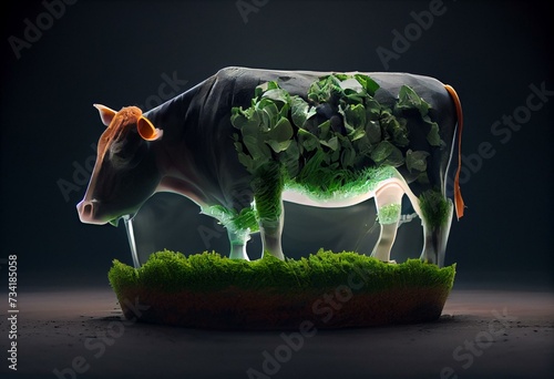 Fleischlose Ernährung. Rind, Kuh welches aus Salat besteht - Generative AI photo