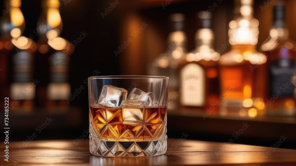 Crystal glass of whiskey with ice cubes on wooden dark background. Glass of scotch whiskey, bottles, space for text