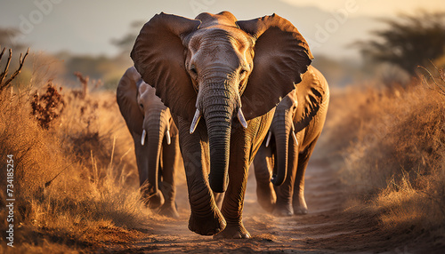 Elephant herd walking in African savannah at sunset generated by AI photo