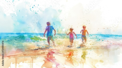 Vibrant watercolor painting of children playing at a beach