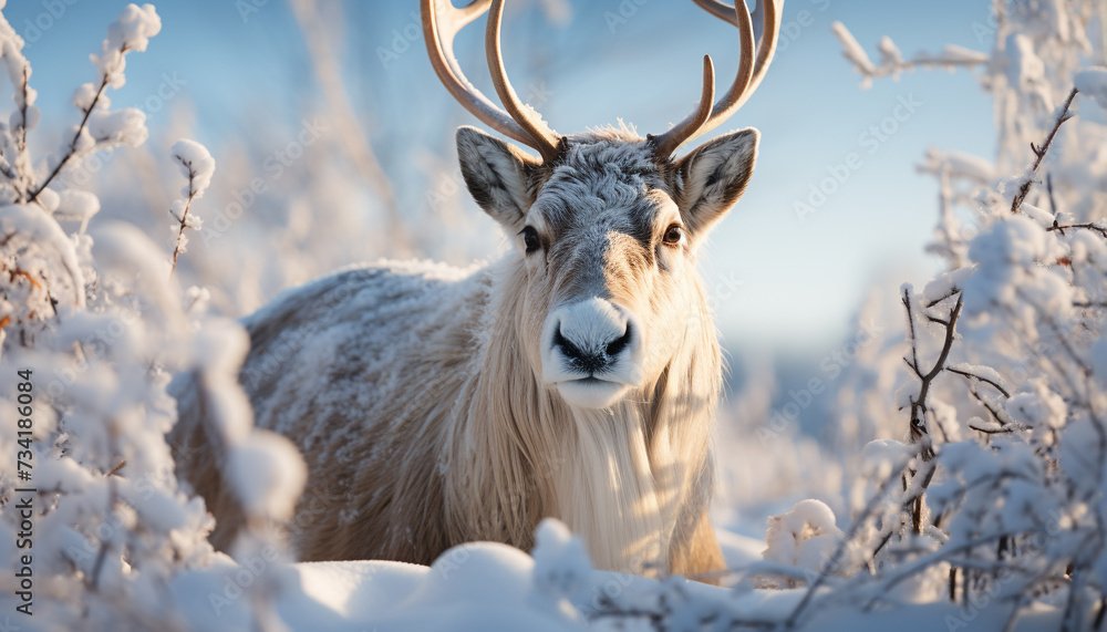 Obraz premium Cute deer gazes at camera in snowy forest landscape generated by AI