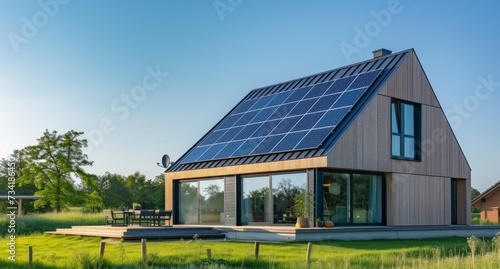Renewable energy residence: modern home with solar panel roof. Green energy house with photovoltaic roof and lush garden.