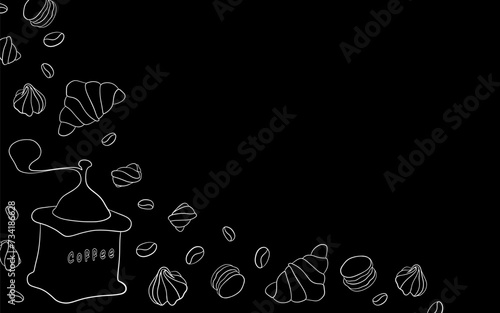 White silhouette of coffee mill with pastry on black background