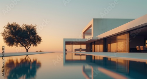 Modern minimalist cubic home with infinity pool at sunset. Contemporary design meets natural beauty.