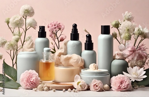 Natural cosmetics, bio serum and herbal oils and cream for spa and skin care in a composition with flowers. Trendy monochrome pastel background, flat lay. Natural skincare and perfume concept
