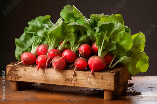 Fresh red radishes on a wooden box on black background