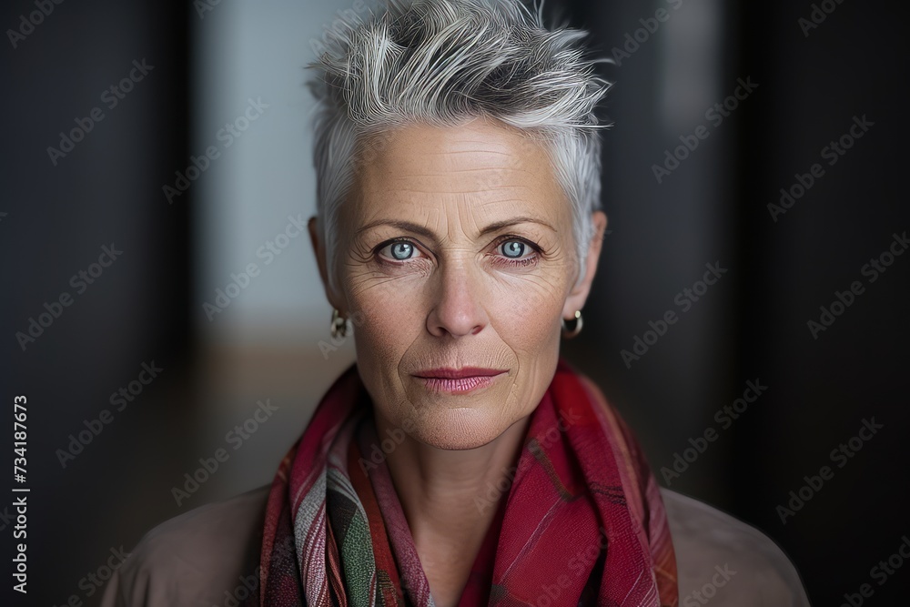 Portrait of a senior woman with grey hair wearing a scarf. Portrait of a senior woman with grey hair wearing a scarf.