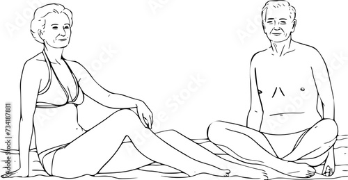 A senior couple sits on the beach on vacation. Black outlines against a transparent background. 