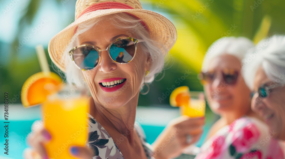 Joyful old women toasting with cocktails. Cheerful mature females by a swimming pool. happy senior women having drinking tropical cocktails on vacation. Cruise travel tour for retired people ad poster