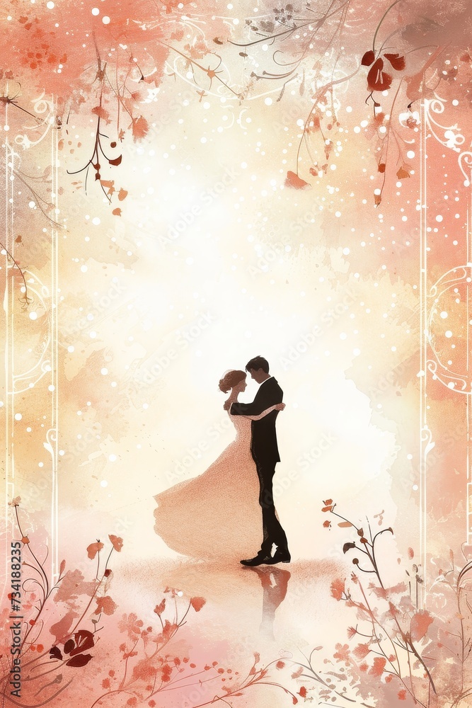 Silhouette of a couple embracing in a watercolor-inspired scene with whimsical florals. Silhouette of a couple embracing in a watercolor-inspired scene with whimsical florals.