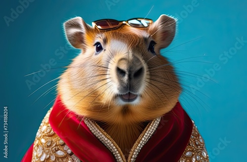 Stylish portrait of glamour dressed up capybara. Creative portrait of wild animal on bright background.