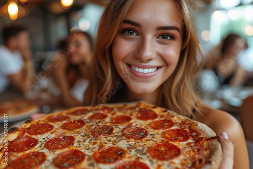 Group of cheerful friends eating delicious pizza and chatting animatedly