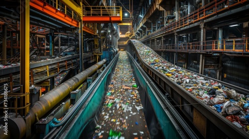 Panoramic view of an extensive recycling plant conveyor system sorting waste materials.