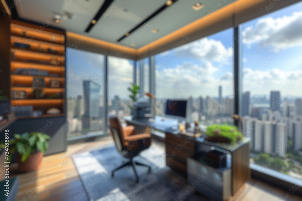 A softly blurred image of a high-rise office with a panoramic city view during dusk, showcasing the glow of a setting sun against skyscrapers. Resplendent.