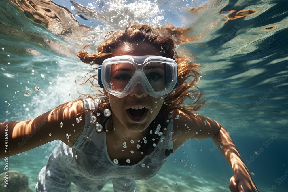 Woman having fun snorkeling while on summer vacation