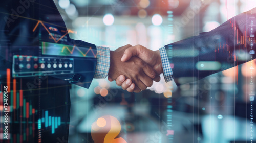 Trading. two business man investor handshake with graph chart stock market diagram background, internet communication, global network link connection, partnership, digital technology, teamwork concept