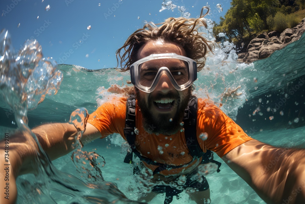 Active man taking underwater selfie while snorkeling
