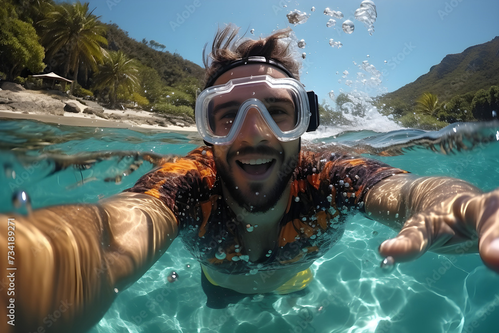 Man taking underwater selfie while snorkeling