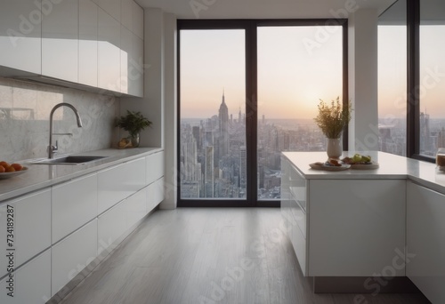 Modern kitchen with spacious island, sleek appliances, skyline view, elegant cabinets, light wood floors, breakfast bar