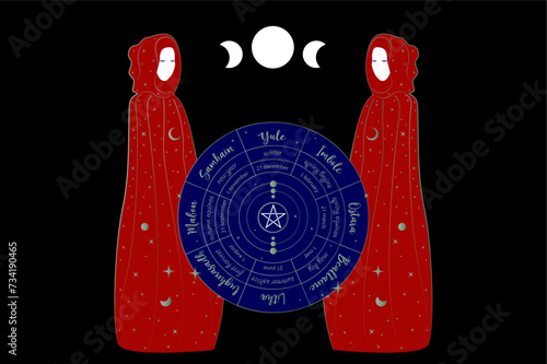 Mystical triple goddess, priestesses in wheel of the Year is an annual cycle of seasonal festivals. Wiccan calendar and holidays. Gothic Witch wiccan female sacred design. Vector isolated on black