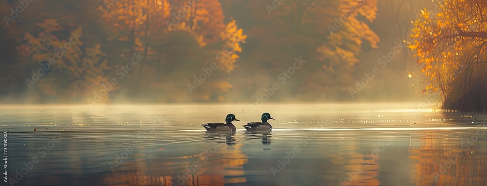 Fototapeta premium a pair of Wood Ducks gracefully gliding along the tranquil waters next to the shore of a mountain lake, illuminated by the soft hues of early morning light.