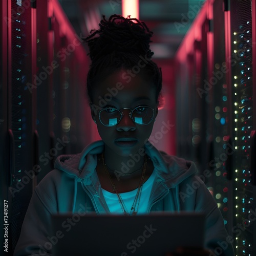 Female Engineer Working in Dark Server Room