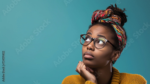 Curious and Wonder-filled Southern African Woman, Isolated on Solid Background - Copy Space Provided