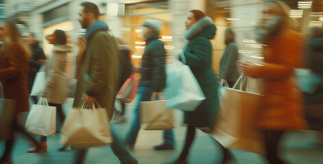 Blurred motion of people crowd with shopping bags movement exiting the city center mall. Black Friday, consumer behavior and commerce concept image.