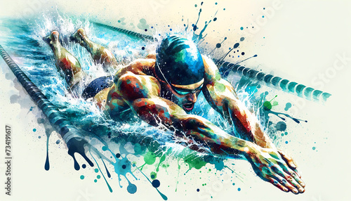 Fototapeta Naklejka Na Ścianę i Meble -  Dynamic watercolor illustration of a male swimmer in mid-stroke, splashing water energetically, with droplets and strokes of color highlighting the movement.Sport concept.AI generated.