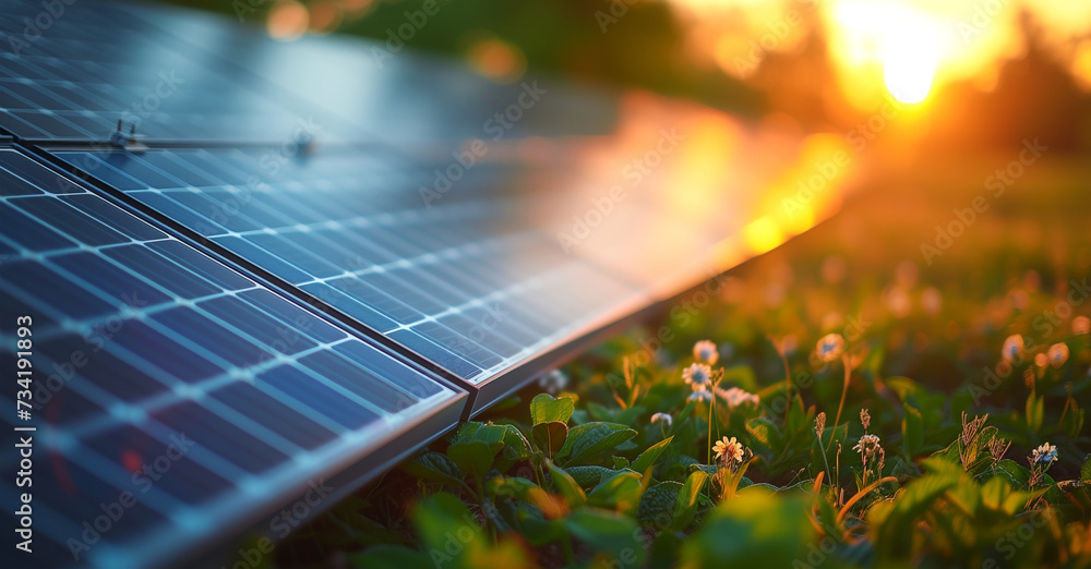 Fototapeta premium Beautiful close-up image of solar panels cells lit with early morning sunrise light lying on green grass. New green Renewable energy, generation, transmission and storage industry concept image.