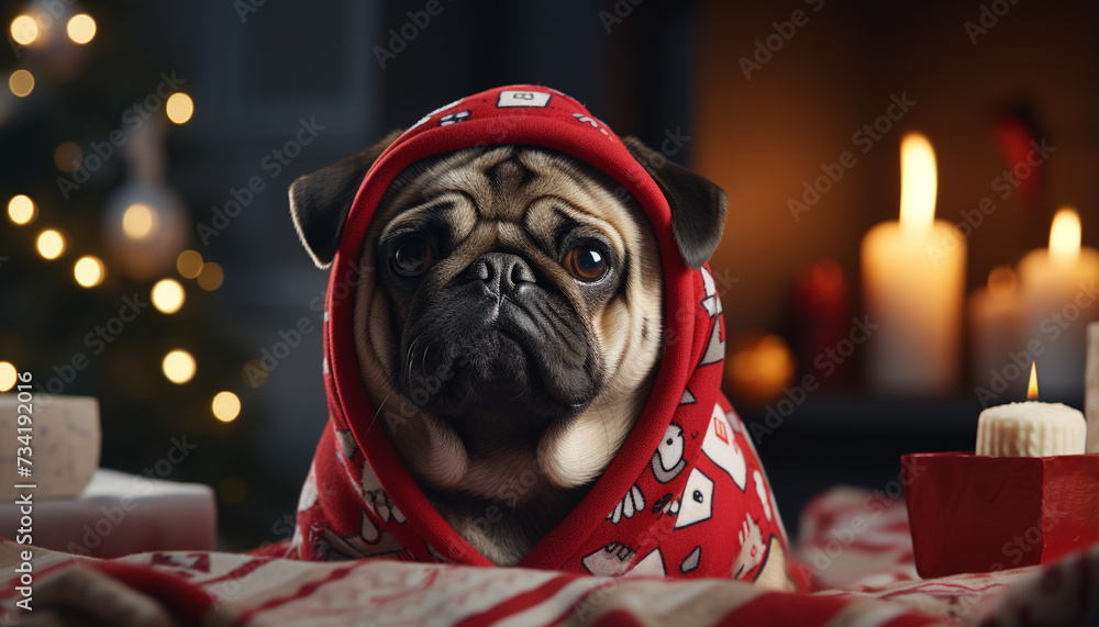 A cute puppy in a winter cap celebrates Christmas indoors generated by AI