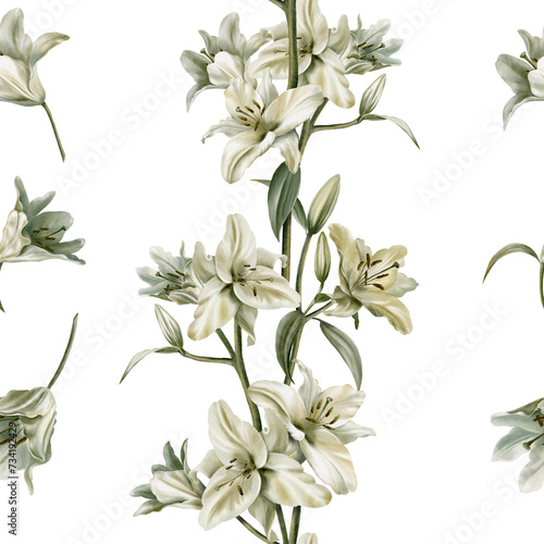Watercolor seamless pattern of white lilies on the white background.Sage leaf color for for fabric cards  flyers  poster  banner stoles  wallpaper  furniture.