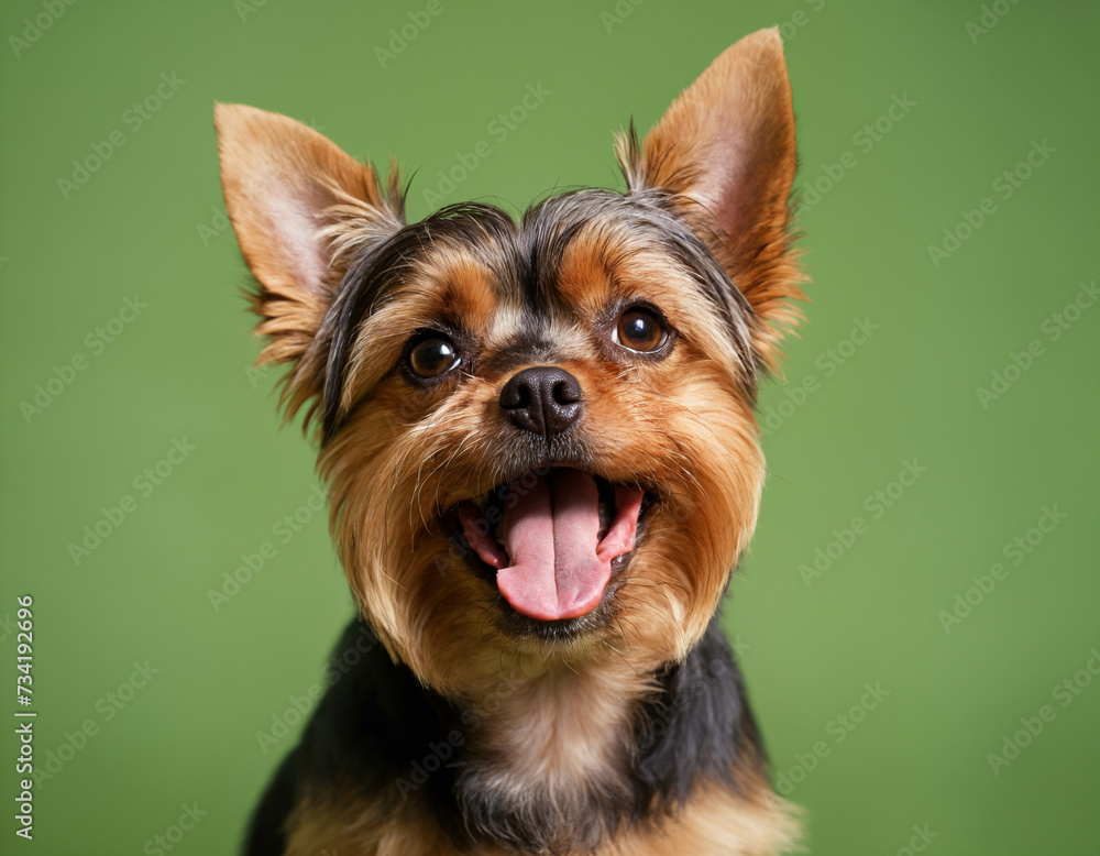 yorkshire terrier puppy on green background - obrazy, fototapety, plakaty 