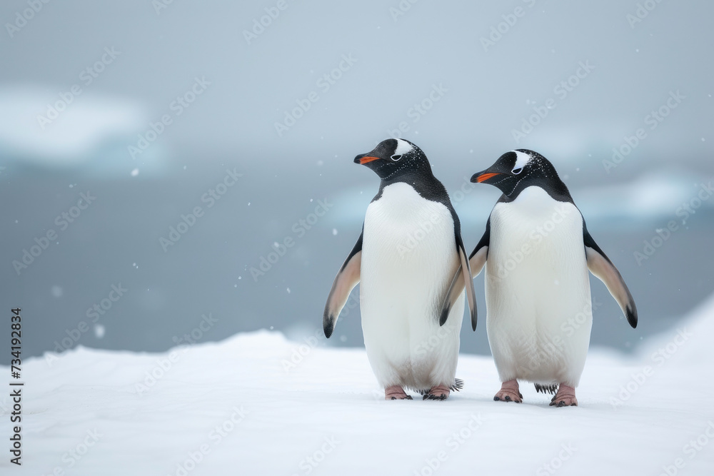 Fototapeta premium Wintry Wanderers: Penguins on Snowy Path