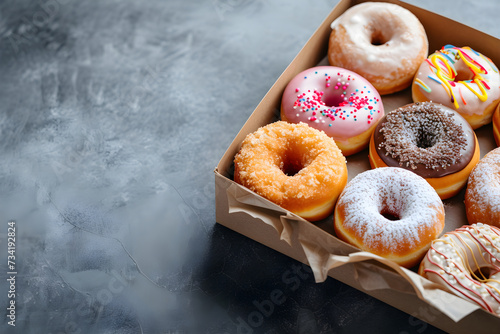 doughnuts, donunts, with icing sugar. Box of donut, copy space, minimalistic. Chocolate, glazed with sprinkles. Pink and caramel, dessert or pastry, junk or fast food