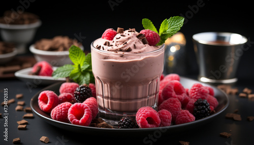 Freshness in a bowl raspberry, chocolate, and berry milkshake generated by AI