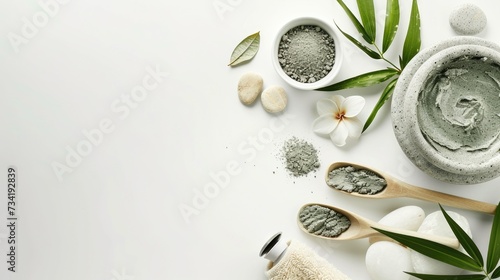 an exfoliating scrub enriched with green clay and natural ingredients, with a beauty mask delicately applied on a clean white background, inviting viewers to indulge in self-care. photo
