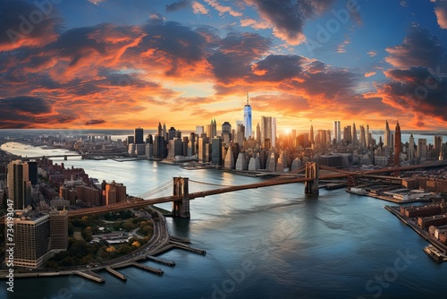 Aerial panoramic cityscape sunset view of new york City skyline