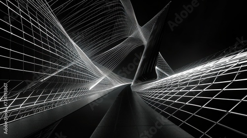 A black and white study of a bridge's string elasticity, harmoniously intertwined with its futuristic architecture