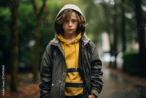 portrait of a boy in a hoodie and a yellow jacket © Loli