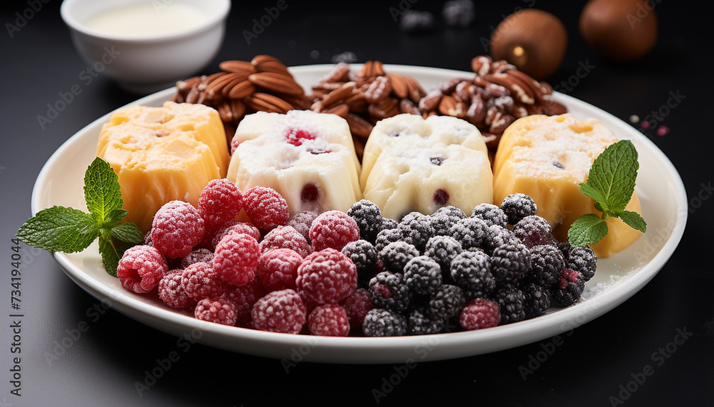 Freshness and sweetness in a gourmet berry dessert plate generated by AI Freshness and sweetness in a gourmet berry dessert plate generated by AI