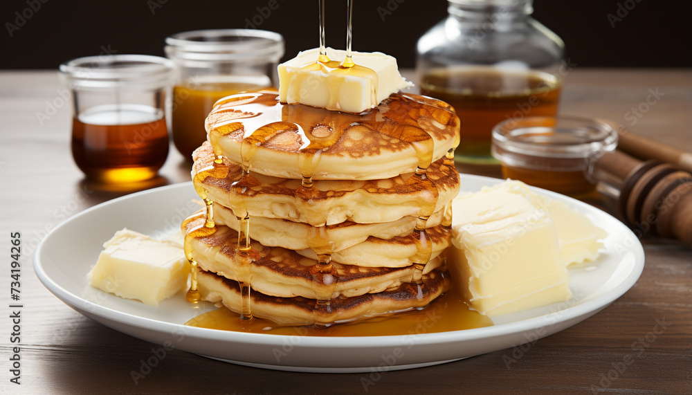Stack of pancakes with honey, butter, and syrup pouring generated by AI Stack of pancakes with honey, butter, and syrup pouring generated by AI
